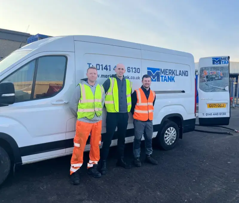Merkland Team News 1 Merkland Tank team: Simon Stuart and Robert Fairbairn, Class 2 Driver / Operatives, and Jack Morris, Confined Space Operative.