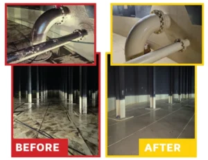 Merkland Tank before and after photos of advanced fuel tank clean; the part-buried tank measures 32 metres in diameter